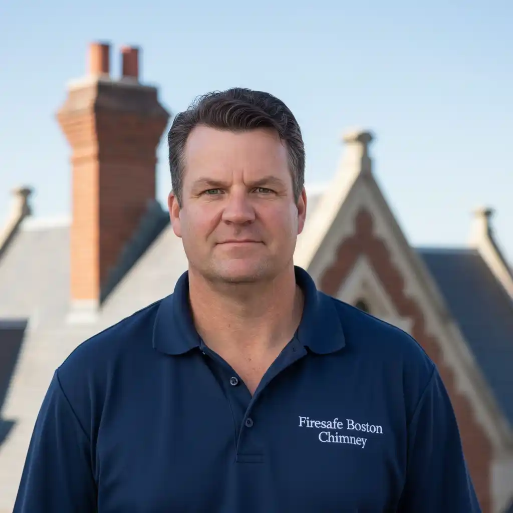 Samuel Kim, owner of Firesafe Boston Chimney, wearing company uniform with logo
